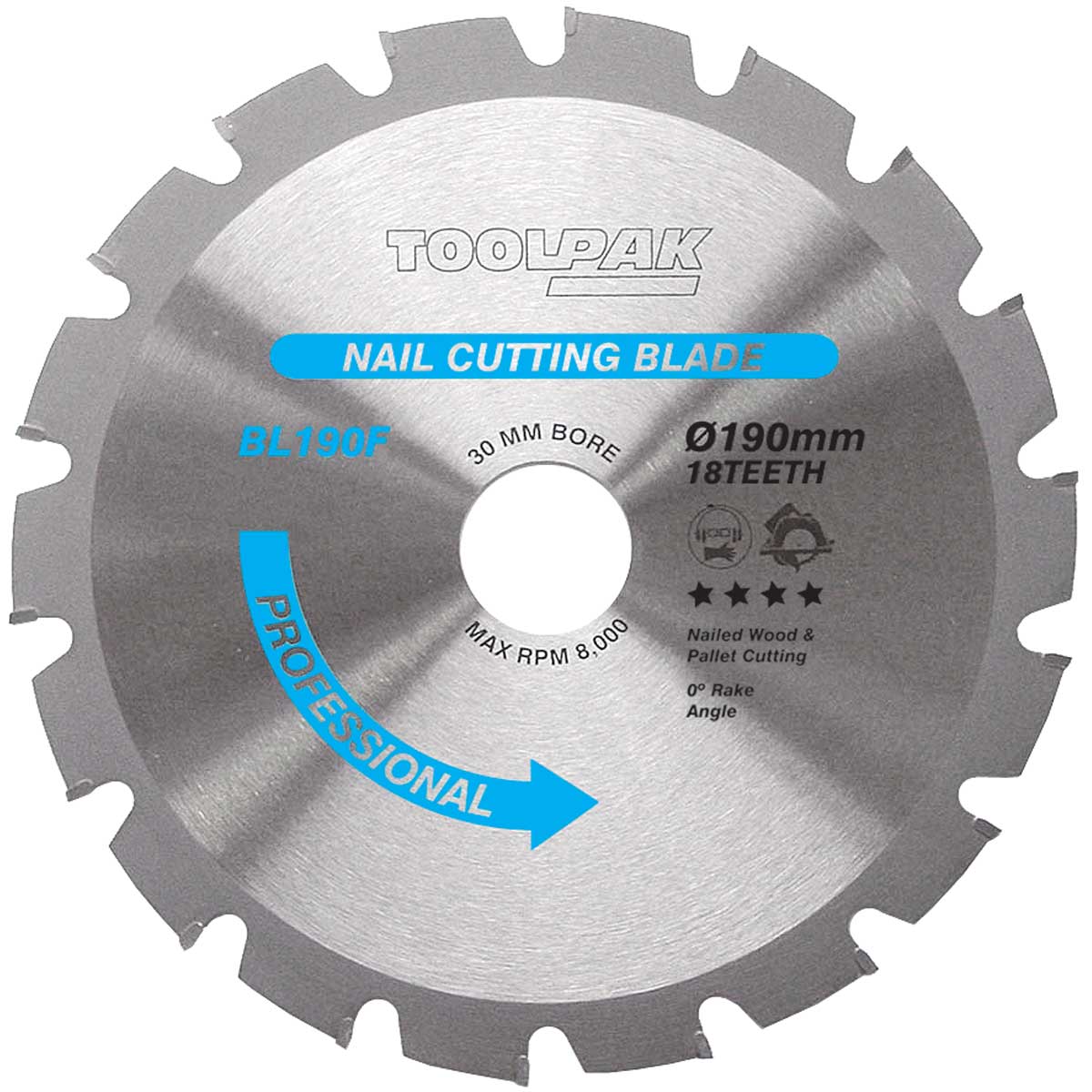 190mm x 30mm x 18T Nailed Wood TCT Saw Blade